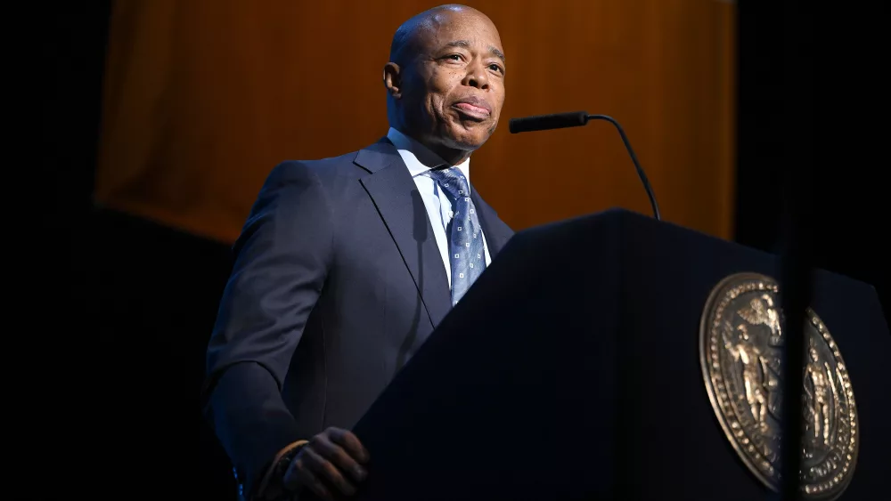 New York City Mayor Eric Adams speaks during his 2025 State of the City Address at the Apollo theatre