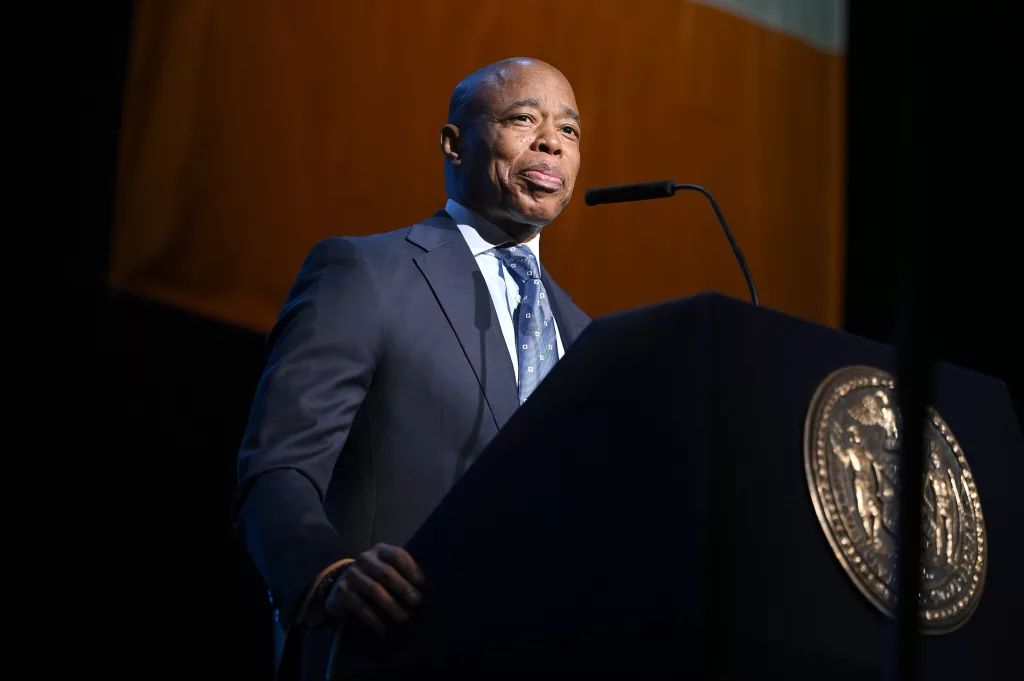 New York City Mayor Eric Adams speaks during his 2025 State of the City Address at the Apollo theatre