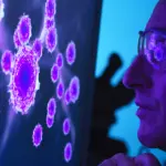 Scientist viewing a image of virus using a electron microscope in the laboratory.: Scientist examining virus structures on screen-immune system discoveries