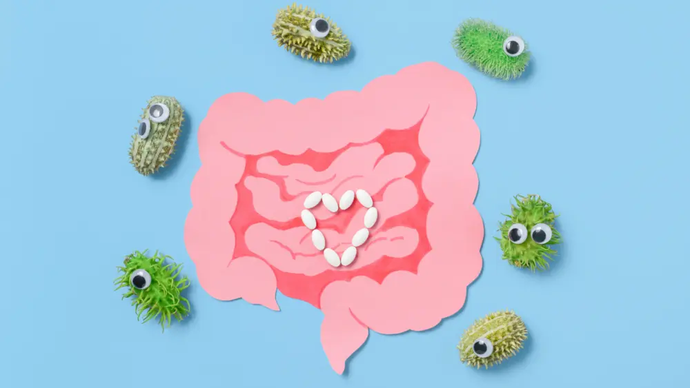 paper-gut-with-pills-and-funny-bacteria-on-blue-background
