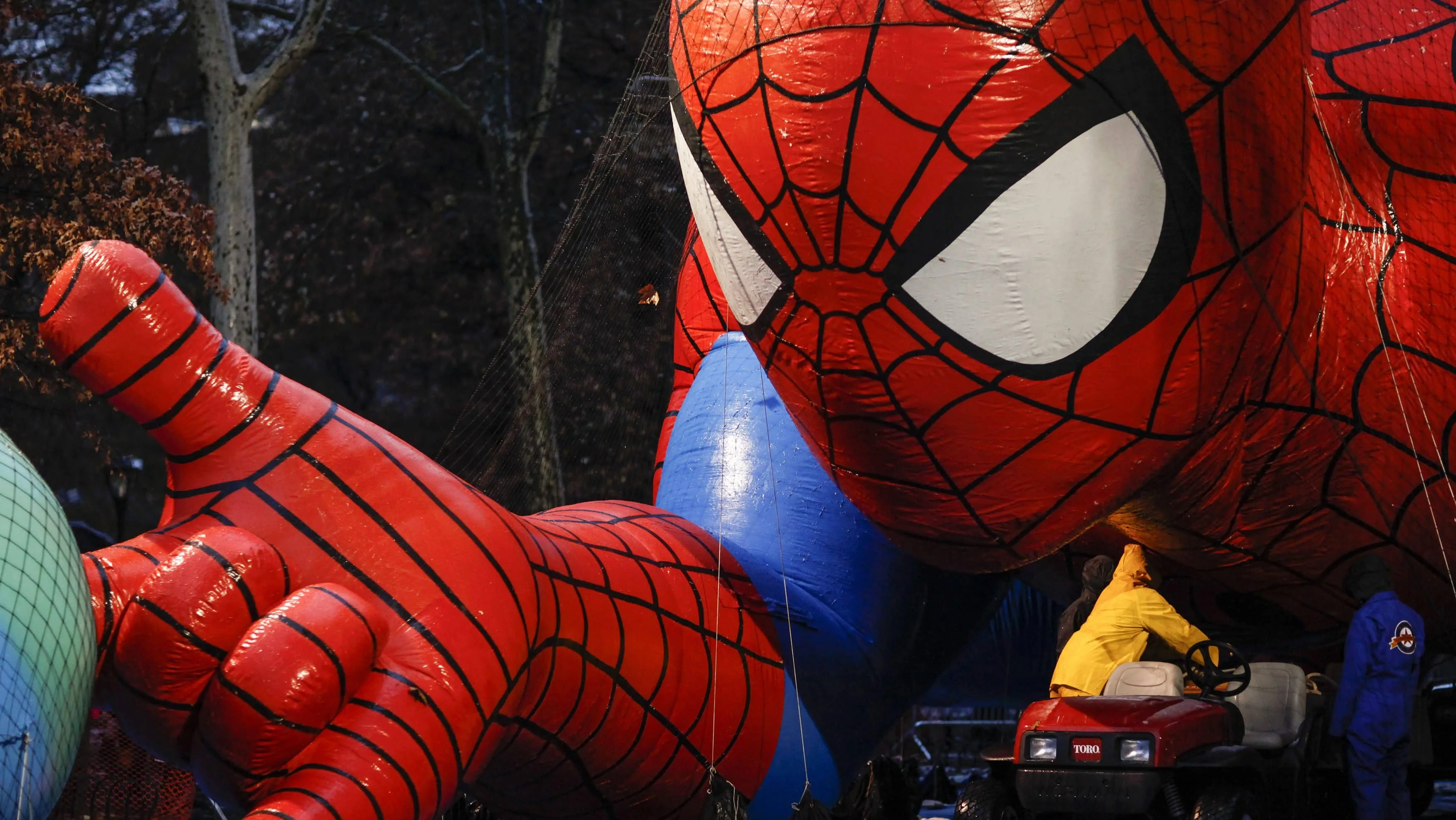 members-of-the-macys-thanksgiving-day-parade-balloon-inflation-team-work-in-spiderman-during-preparations-for-the-88th-annual-macys-thanksgiving-day-parade-in-new-york