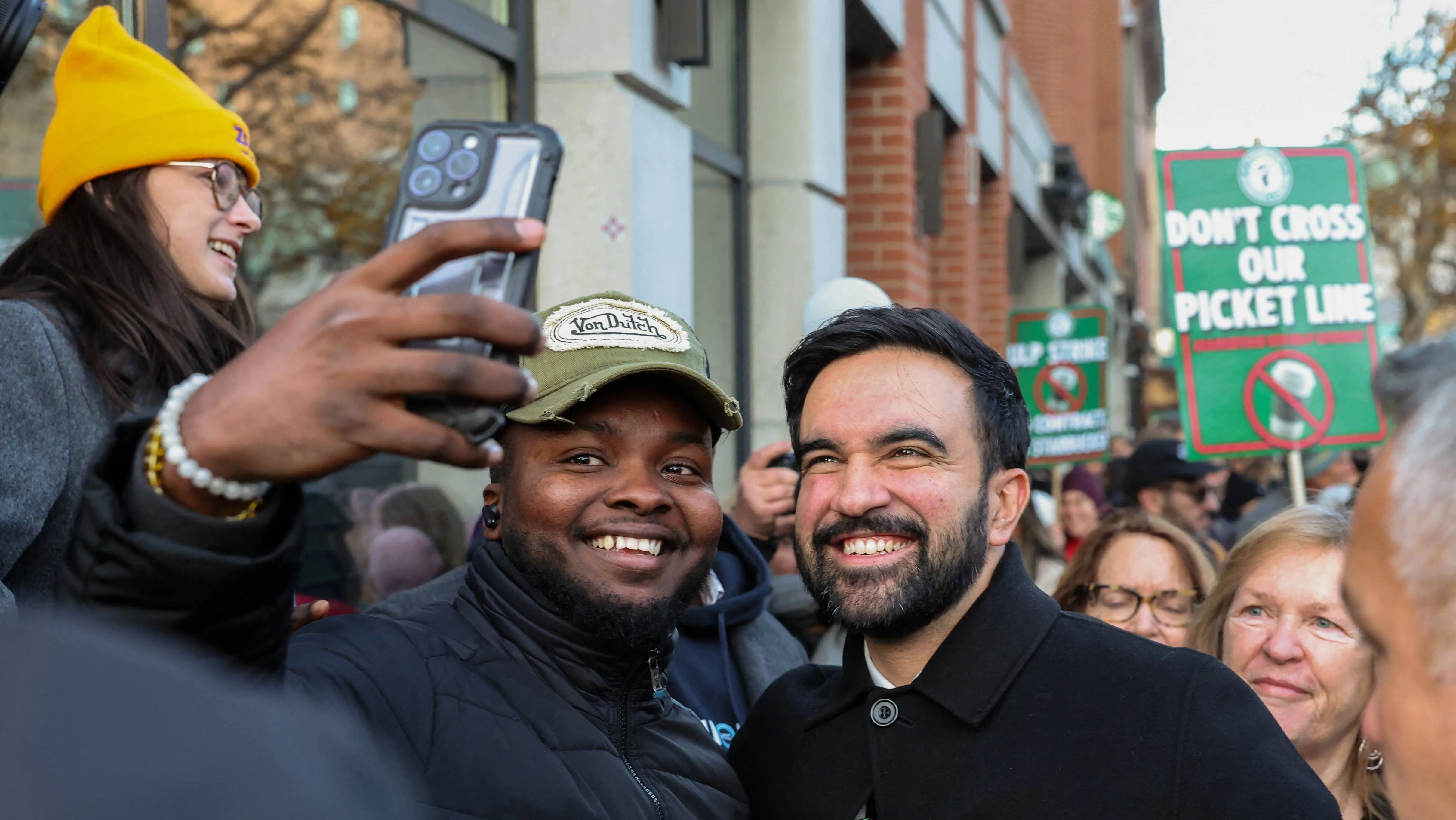 new-york-city-mayor-elect-zohran-mamdani-and-u-s-senator-bernie-sanders-support-striking-starbucks-workers-in-brooklyn-new-york