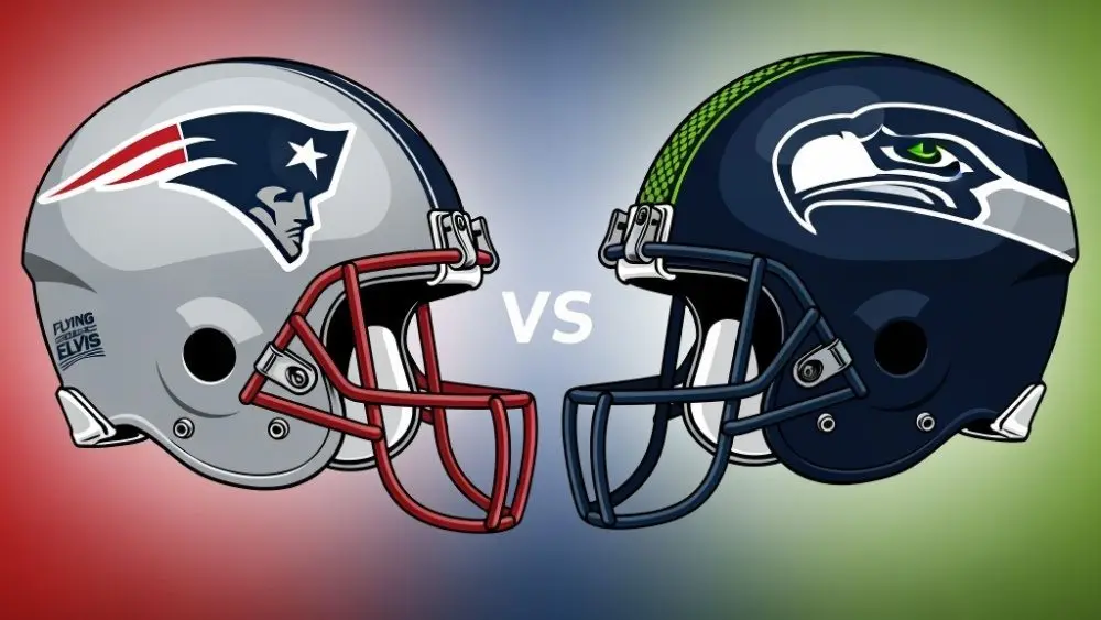 This content was generated by an Artificial Intelligence (AI) system. New England Patriots Helmet vs. Seattle Seahawk Helmet illustration