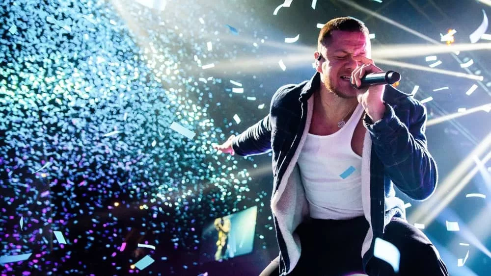 Imagine Dragons frontman Day Reynolds perform in concert at Palau Sant Jordi stage on April 6^ 2018 in Barcelona^ Spain.