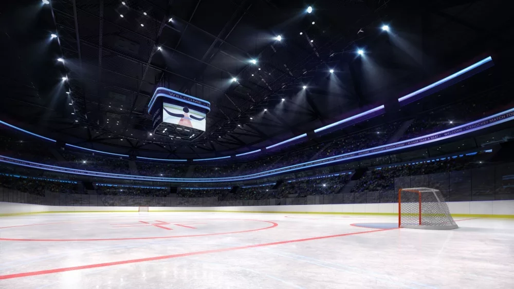 empty ice hockey arena inside view illuminated by spotlights^ hockey and skating stadium indoor 3D render illustration background