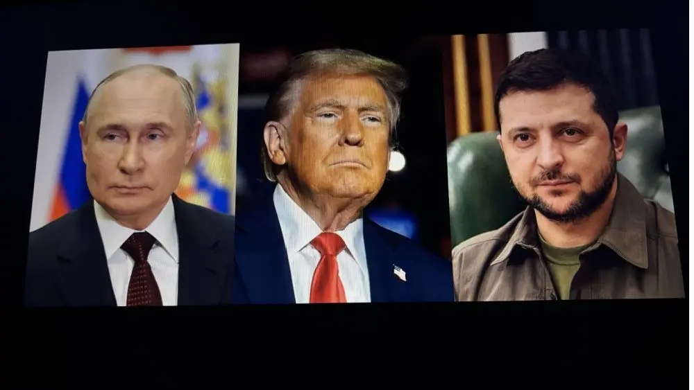 Images of US President Donald Trump^ Volodymyr Zelenskyy and Vladimir Putin side by side