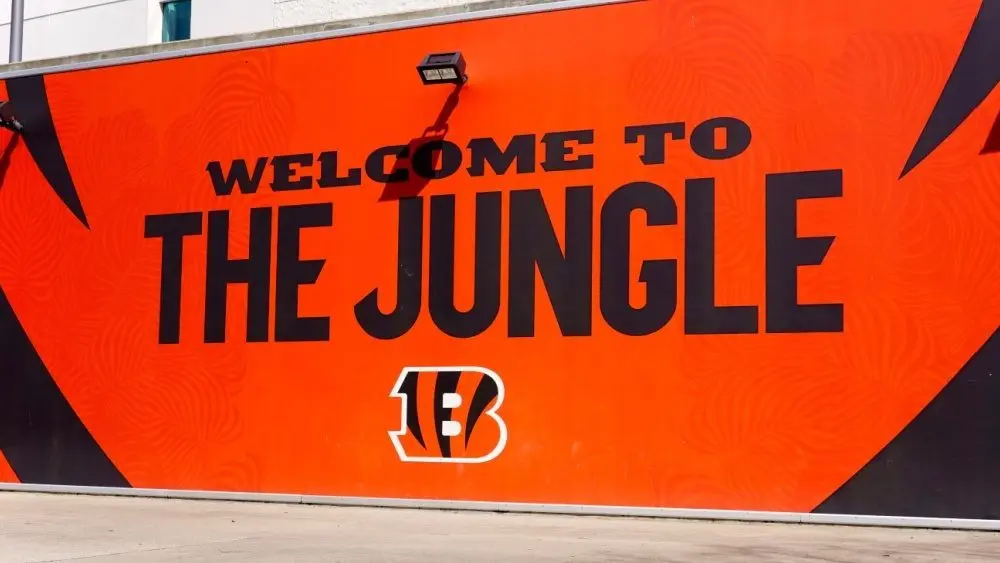 The 65^515 seat Paycor Stadium on the banks of the Ohio River is home to the NFL Cincinnati Bengals Cincinnati^ OH^ USA - March 17^ 2024 'Welcome To the Jungle' sign with'Bengals' logo