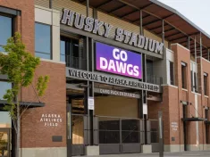 University of Washington Husky Stadium with Go Dawgs sign and welcome to Alaska Airlines Field