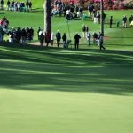 Flag on green at MASTERS GOLF TOURNAMENT at Augusta National Golf Club in Augusta^ Georgia on October 16^ 2020. The Augusta National Golf Club is home to the annual Masters PGA golf tournament.