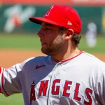 Los Angeles Angels infielder David Fletcher on the field before a game against the Oakland Athletics at the Oakland Coliseum.Oakland^ California - August 10^ 2022