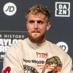 Jake Paul speaks during Weigh-in ceremony lat Hulu Theater at MSG^ New York^ NY 2022