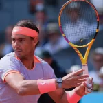 Rafael Nadal of Spain against Cachin a in their round of 32 match during Day Seven of the Mutua Madrid Open at La Caja Magica on April 29^ 2024 in Madrid^ Spain