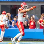 KC Chiefs tie end Travis Kelce #87 celebrates their touchdown against the LA Chargers during an NFL football game at SoFi Stadium^ Aug. 17^ 2024^ in Inglewood^ Calif.