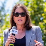 Marianne Williamson speaking at the Iowa state fair in Des Moines^ Iowa^ United States. Des Moines^ Iowa^ USA - August 12^ 2023