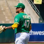 Frankie Montas #47 of the Oakland Athletics pitches against the New York Yankees at RingCentral Coliseum. Oakland^ California - August 28^ 2021