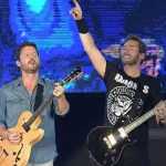 Guitarists Chad Kroeger and Ryan Peake of Canadian rock band Nickelback during a concert at Rock in Rio 2019 in Rio de Janeiro. October 6^ 2019.