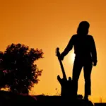Silhouette Hipster woman with guitars in the meadow.