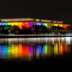 The Kennedy Center illuminated in a rainbow of colors in recognition of the upcoming Kennedy Center Honors. Washington^ DC / USA - November 19^ 2019