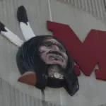 Miami University Yager Stadium college football^ the old Redskins team logo on the outside of the stadium replaced by the Redhawks May 30^ 2016 Oxford^ OH