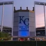 The front view at Kauffman Stadium^ home of the Kansas City Royals baseball team^ at dusk. Kansas City^ Missouri - July 14^ 2023