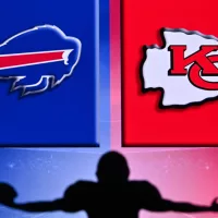 Buffalo Bills vs Kansas City Chiefs. . Silhouette of professional american football player. Logo of NFL club in background