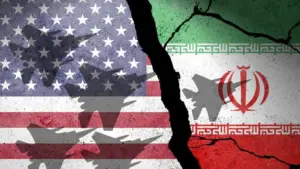 Flag of USA and Iran painted on a concrete wall with airplane shadows