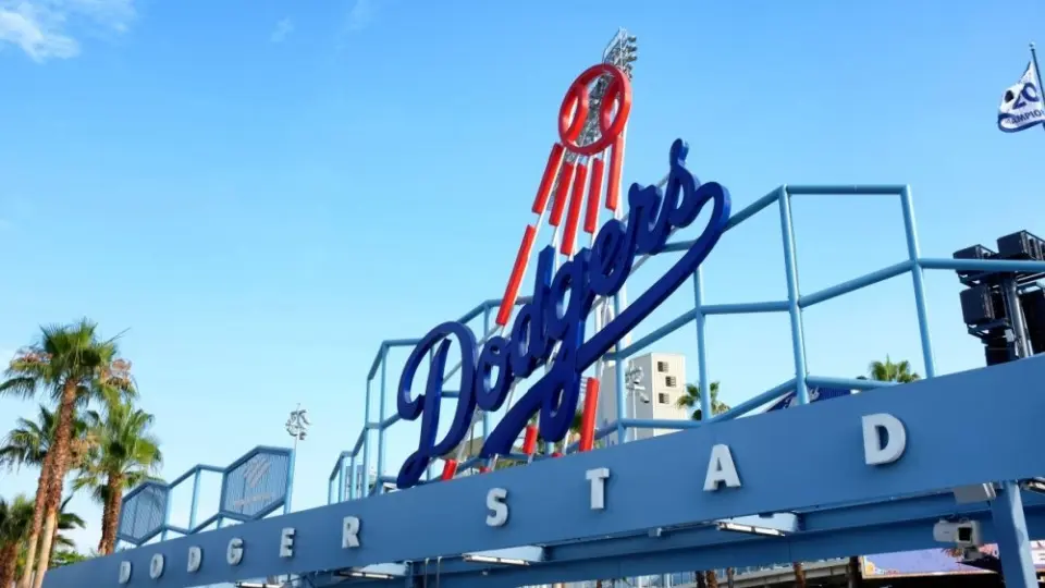 Dodger Stadium. Closeup of the baseballs teams logo at the Centerfied entrance. LOS ANGELES^ CALIFORNIA^ 29 JUNE 2021