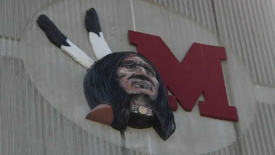 Miami University Yager Stadium college football^ the old Redskins team logo on the outside of the stadium replaced by the Redhawks May 30^ 2016 Oxford^ OH
