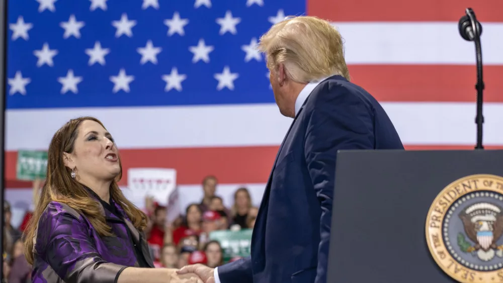 Republican National Convention Chair Ronna Romney McDaniel with President Trump in Battle Creek^ Michigan. December 18^ 2019: