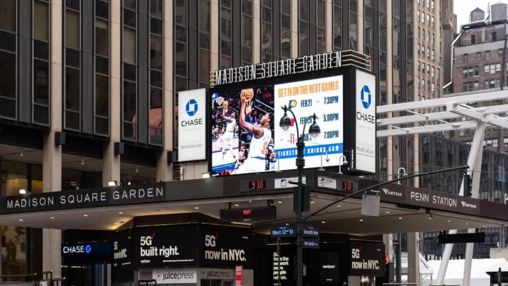 Front of Madison Square Garden^ home to NY KNICKS. MSG is a multi-purpose indoor arena in Midtown Manhattan opened on February 11^ 1968. It is the oldest sporting facility in NY.