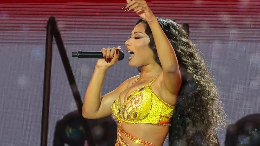 Megan Thee Stallion performs for a huge crowd at Bonnaroo music festival Manchester^ Tennessee USA - 06-16-2024