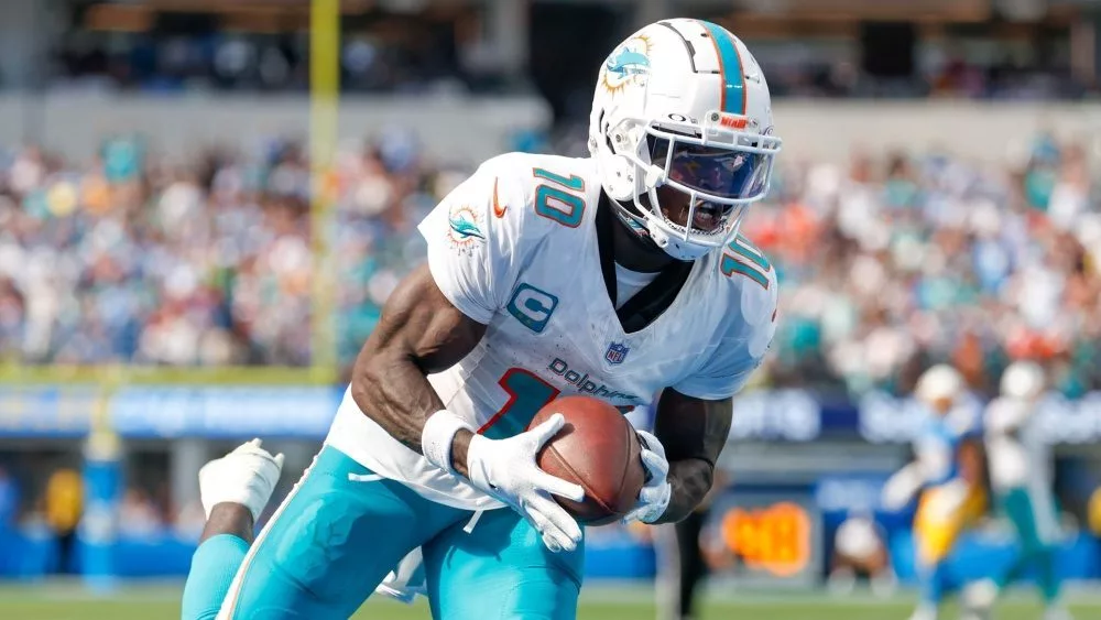 Miami Dolphins wide receiver Tyreek Hill (10) in actions during an NFL football game against the Los Angeles Chargers^ Sept. 10^ 2023^ in Inglewood^ Calif.