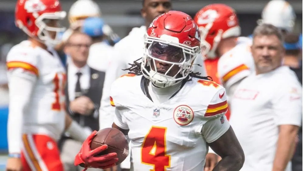 KC Chiefs wide receiver Rashee Rice #4 warms up prior to an NFL football game against the LA Chargers at SoFi Stadium^ Aug. 17^ 2024^ in Inglewood^ Calif.