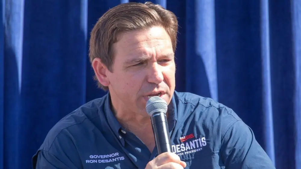 Florida Governor Ron DeSantis greets supporters at the Iowa State Fair fair side chats in Des Moines^ Iowa. Des Moines^ Iowa^ USA - August 12^ 2023