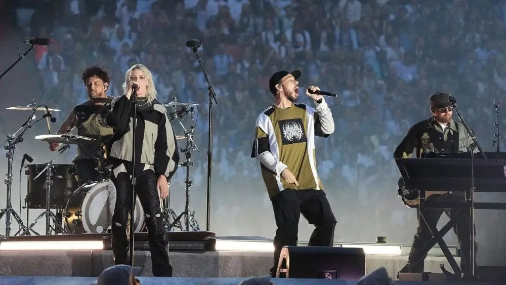Linkin Park with lead singer Emily Marcia Armstrong perform on stage during the 2025 UEFA Champions League Final Opening ceremony at Munich arena in Munich Munich^ Germany - May 31^ 2025