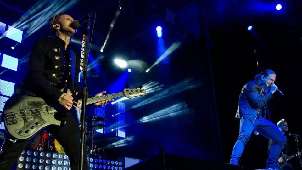 Brent Smith and Eric Bass with Shinedown perform live onstage at Rockstar Uproar Festival on September 25 2012 in Nampa^ Idaho.