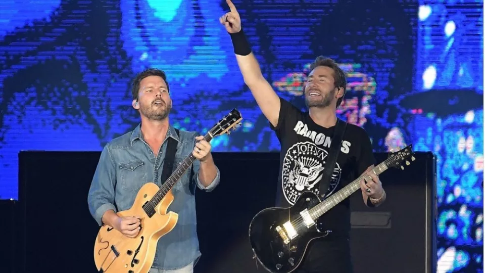 Guitarists Chad Kroeger and Ryan Peake of Canadian rock band Nickelback during a concert at Rock in Rio 2019 in Rio de Janeiro. October 6^ 2019.