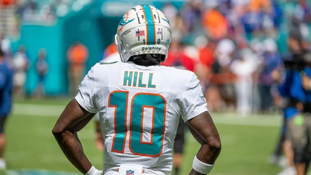 Tyreek Hill (10) (Miami Dolphins starting WR) stands on the sideline during pregame warmup. Miami Dolphins vs. NY Giants at HardRock Stadium. Miami Gardens^ FLUSA - October 08^ 2023
