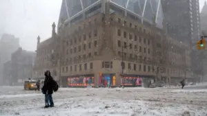 New York^ NY USA - February 1^ 2021: Snow storm on East Coast^ New York City. Manhattan During Nor'easter Blizzard