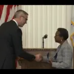 Illinois State Treasurer Michael Frerichs awarded Carbondale Mayor Carolin Harvey with the Outstanding Commitment as an Elected Official award during a celebration commemorating Black History Month and to honor leaders from the African-American community Wednesday in Springfield. (Photo credit: Illinois CMS)
