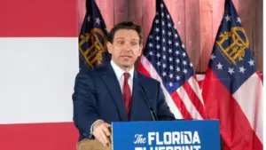 Florida Governor Ron DeSantis delivers a speech to invited guests at Adventure Outdoors^ Smyrna Georgia Smyrna^ Georgia USA - March 30^ 2023