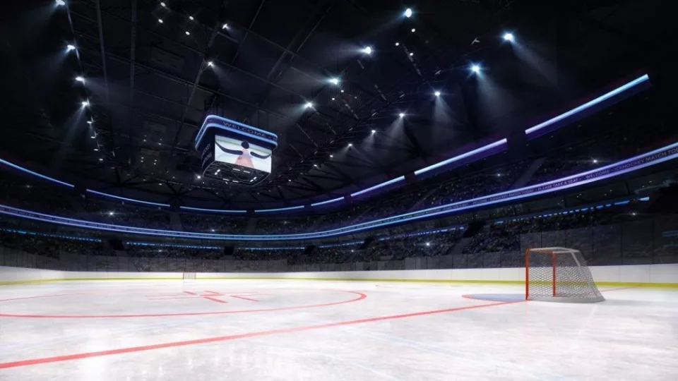 empty ice hockey arena inside playground view illuminated by spotlights^ hockey and skating stadium indoor 3D render illustration background^ my own design