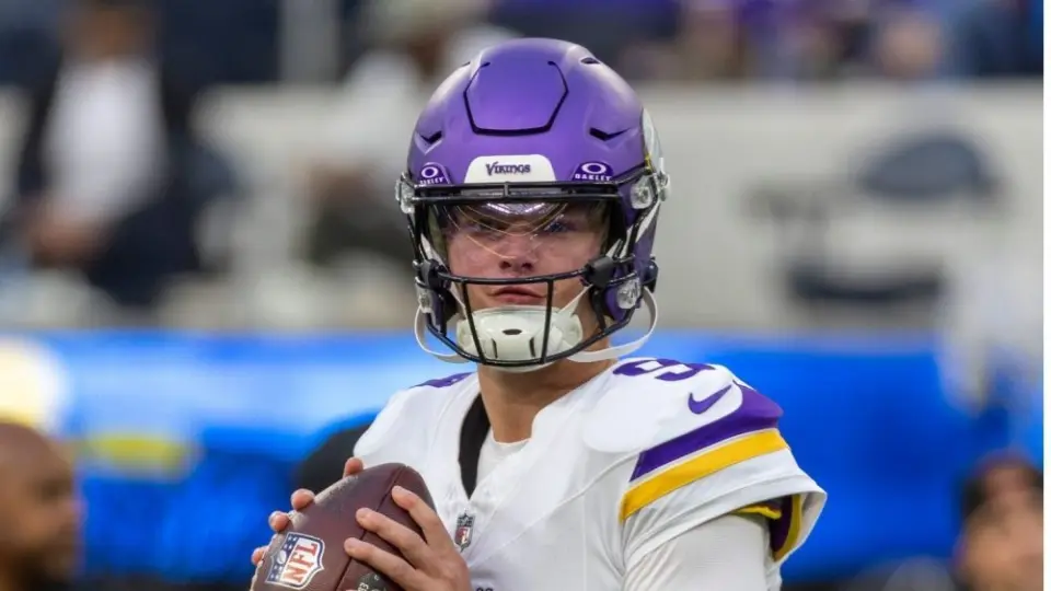 Minnesota Vikings quarterback J.J. McCarthy #9 warms up prior to an NFL football game against the Los Angeles Chargers Oct. 23^ 2025^ in Inglewood^ Calif.