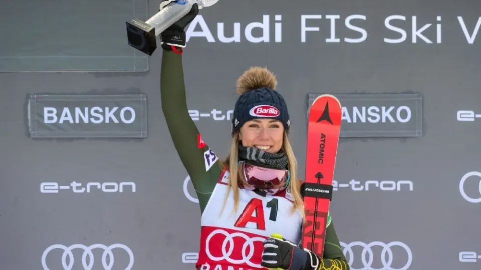 Mikaela Shiffrin (USA) takes 1st place during a women's World Cup Super-G in Bansko JANUARY 26^ 2020 ^ Bulgaria BANSKO^ BULGARIA - JANUARY 26^ 2020