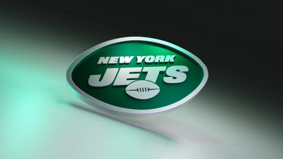 New York Jets logo on dark background with shiny details. 3D render. MUENSTER^ GERMANY - June 03^ 2023