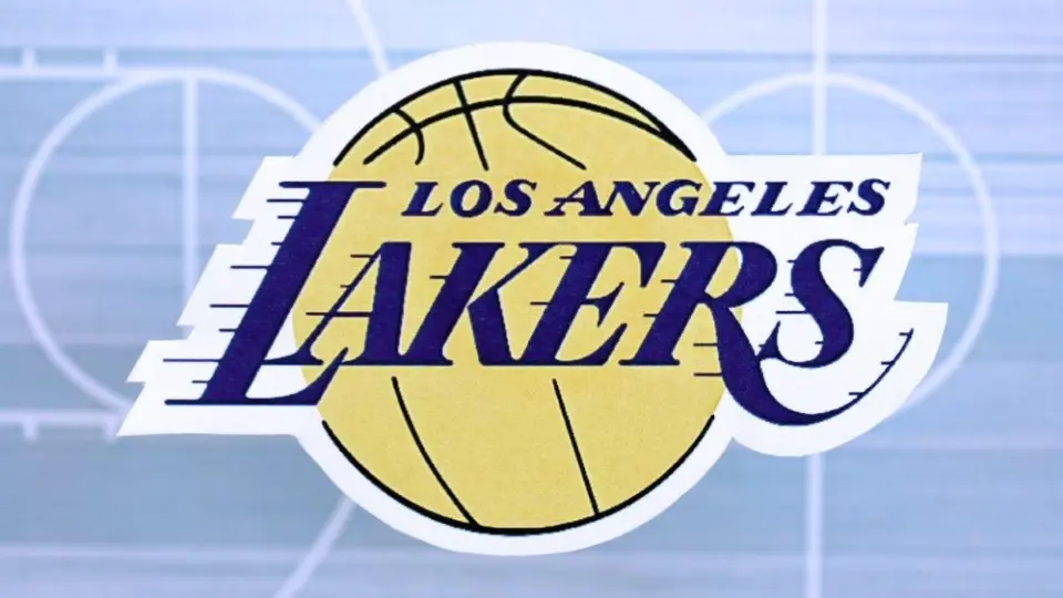 Los Angeles Lakers basketball team badge lies on basketball stadium map background banner