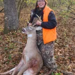 Sabrina Bennett: I shot my first buck in Williamson County, IL. It was a beautiful cold morning at 6:10 that morning I sat and watched five does run out in the opening over 200 yards away. The big doe started leading the back right towards me. I sat and watch some of the yearlings run around with the older and bigger does. Decided to pass on taken one of the bigger does down due to yearlings with them. Then all of a sudden the just start running right by me. I look out past them and that's when I seen a buck!! 156 yards away I took my shot as he started to run back into the woods.