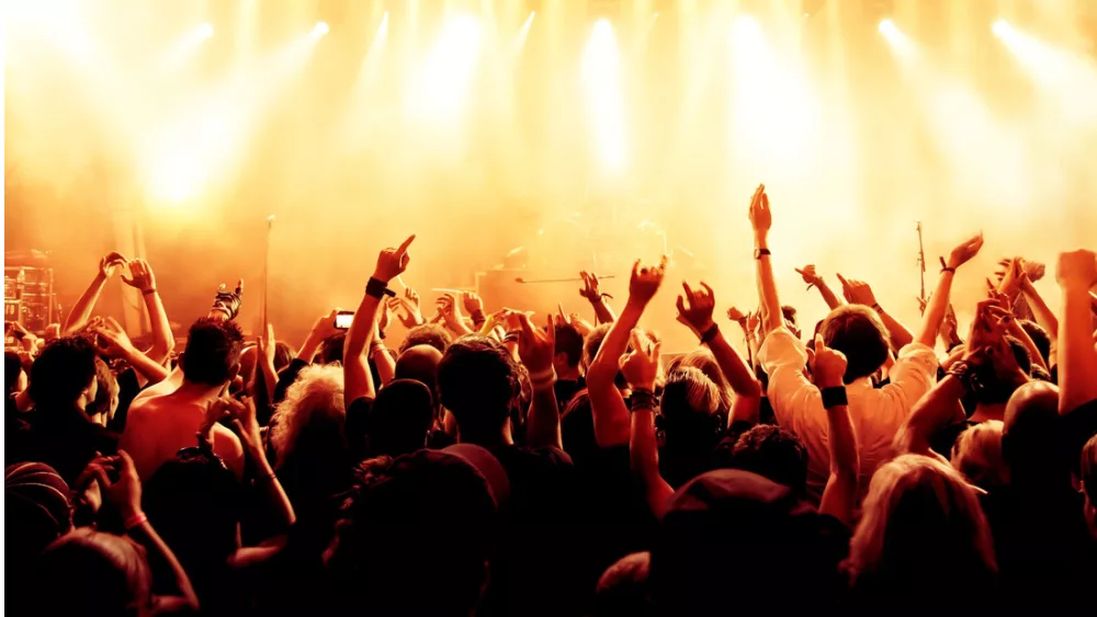 silhouettes of concert crowd in front of bright stage lights