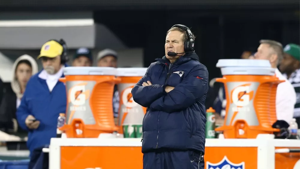 New England Patriots head coach Bill Belichick stands on the sidelines against the New York Jets at MetLife Stadium on November 22^ 2012 in East Rutherford^ New Jersey.