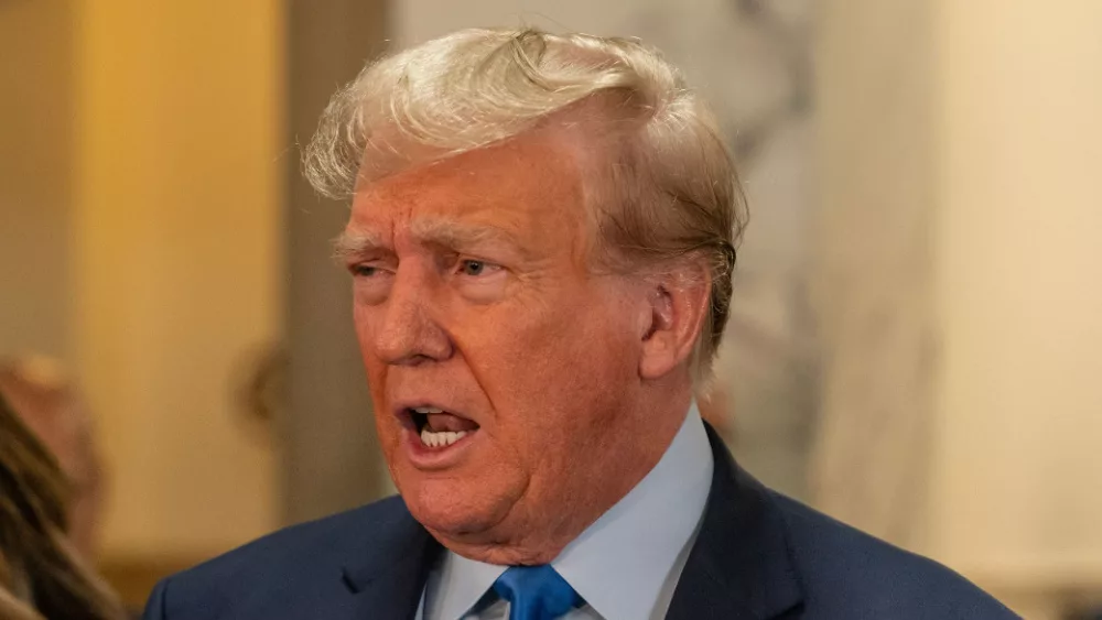 Former President Donald Trump speaks to press before the start of civil fraud trial at NYS court in New York on October 2^ 2023